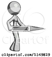 Gray Design Mascot Woman Walking With Large Thermometer