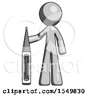 Gray Design Mascot Man Standing With Large Thermometer