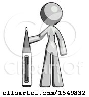 Gray Design Mascot Woman Standing With Large Thermometer