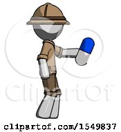 Poster, Art Print Of Gray Explorer Ranger Man Holding Blue Pill Walking To Right
