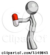 Poster, Art Print Of Gray Design Mascot Woman Holding Red Pill Walking To Left