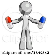 Gray Design Mascot Man Holding A Red Pill And Blue Pill