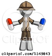 Poster, Art Print Of Gray Explorer Ranger Man Holding A Red Pill And Blue Pill