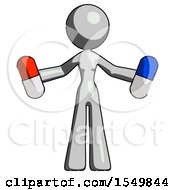 Gray Design Mascot Woman Holding A Red Pill And Blue Pill
