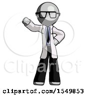 Gray Doctor Scientist Man Waving Right Arm With Hand On Hip