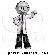 Gray Doctor Scientist Man Waving Left Arm With Hand On Hip
