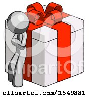 Poster, Art Print Of Gray Design Mascot Man Leaning On Gift With Red Bow Angle View