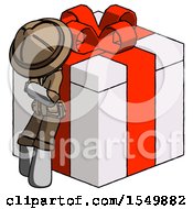 Poster, Art Print Of Gray Explorer Ranger Man Leaning On Gift With Red Bow Angle View