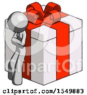 Poster, Art Print Of Gray Design Mascot Woman Leaning On Gift With Red Bow Angle View