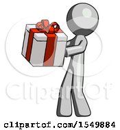 Poster, Art Print Of Gray Design Mascot Man Presenting A Present With Large Red Bow On It