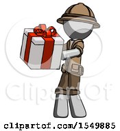 Poster, Art Print Of Gray Explorer Ranger Man Presenting A Present With Large Red Bow On It