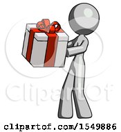 Poster, Art Print Of Gray Design Mascot Woman Presenting A Present With Large Red Bow On It