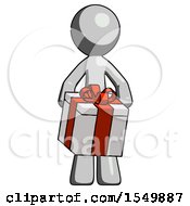 Poster, Art Print Of Gray Design Mascot Man Gifting Present With Large Bow Front View