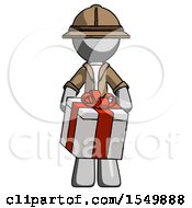 Poster, Art Print Of Gray Explorer Ranger Man Gifting Present With Large Bow Front View