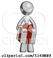 Poster, Art Print Of Gray Design Mascot Woman Gifting Present With Large Bow Front View