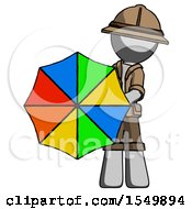 Poster, Art Print Of Gray Explorer Ranger Man Holding Rainbow Umbrella Out To Viewer