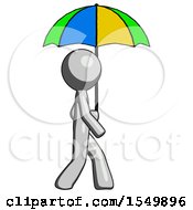Poster, Art Print Of Gray Design Mascot Man Walking With Colored Umbrella