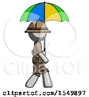 Poster, Art Print Of Gray Explorer Ranger Man Walking With Colored Umbrella