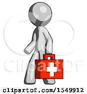 Gray Design Mascot Man Walking With Medical Aid Briefcase To Left