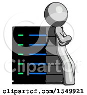 Poster, Art Print Of Gray Design Mascot Man Resting Against Server Rack Viewed At Angle