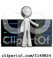 Poster, Art Print Of Gray Design Mascot Man With Server Racks In Front Of Two Networked Systems