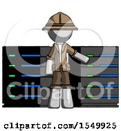 Poster, Art Print Of Gray Explorer Ranger Man With Server Racks In Front Of Two Networked Systems