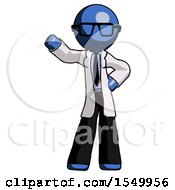 Blue Doctor Scientist Man Waving Right Arm With Hand On Hip
