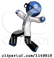 Poster, Art Print Of Blue Doctor Scientist Man Running Away In Hysterical Panic Direction Left