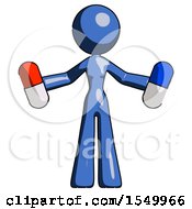 Blue Design Mascot Woman Holding A Red Pill And Blue Pill