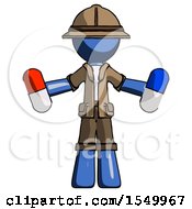 Poster, Art Print Of Blue Explorer Ranger Man Holding A Red Pill And Blue Pill