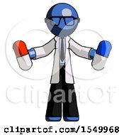 Blue Doctor Scientist Man Holding A Red Pill And Blue Pill
