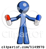 Blue Design Mascot Man Holding A Red Pill And Blue Pill