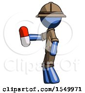 Blue Explorer Ranger Man Holding Red Pill Walking To Left