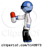 Poster, Art Print Of Blue Doctor Scientist Man Holding Red Pill Walking To Left