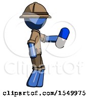 Poster, Art Print Of Blue Explorer Ranger Man Holding Blue Pill Walking To Right