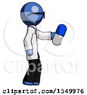 Blue Doctor Scientist Man Holding Blue Pill Walking To Right