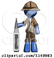 Blue Explorer Ranger Man Standing With Large Thermometer