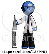 Poster, Art Print Of Blue Doctor Scientist Man Standing With Large Thermometer