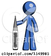 Blue Design Mascot Man Standing With Large Thermometer