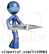 Blue Design Mascot Woman Walking With Large Thermometer