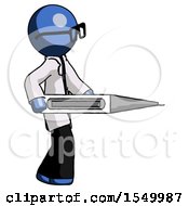 Poster, Art Print Of Blue Doctor Scientist Man Walking With Large Thermometer
