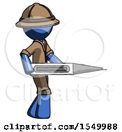 Blue Explorer Ranger Man Walking With Large Thermometer