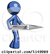 Blue Design Mascot Man Walking With Large Thermometer