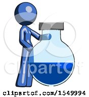Blue Design Mascot Woman Standing Beside Large Round Flask Or Beaker