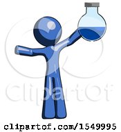 Blue Design Mascot Man Holding Large Round Flask Or Beaker