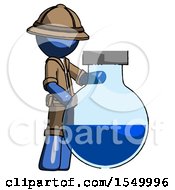 Poster, Art Print Of Blue Explorer Ranger Man Standing Beside Large Round Flask Or Beaker