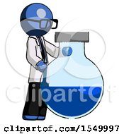 Blue Doctor Scientist Man Standing Beside Large Round Flask Or Beaker