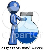 Blue Design Mascot Man Standing Beside Large Round Flask Or Beaker
