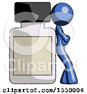 Blue Design Mascot Woman Leaning Against Large Medicine Bottle