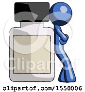 Blue Design Mascot Man Leaning Against Large Medicine Bottle